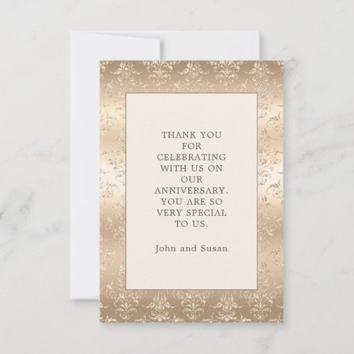 Elegant Gold Damask Cream Wedding Anniversary Thank You Card | Zazzle