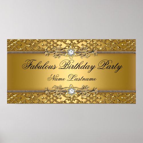 Elegant Gold Damask Embossed Birthday Banner Poster