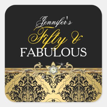 Elegant Gold Damask Fifty And Fabulous 2 Square Sticker by Zizzago at Zazzle