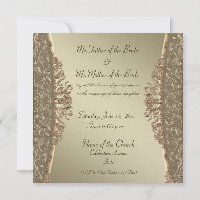 Elegant gold damask fine wedding invitations (Front)