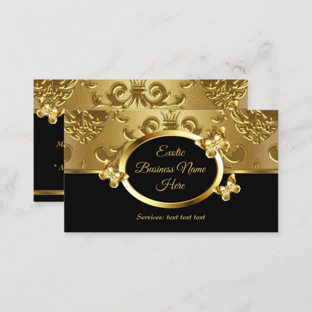 Elegant Gold Damask Floral Butterflies On Black 2 Business Card (Front/Back)