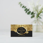 Elegant Gold Damask Floral Butterflies On Black 2 Business Card (Standing Front)