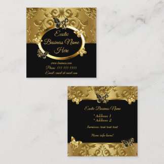 Elegant Gold Damask Floral Butterflies On Black Square Business Card
