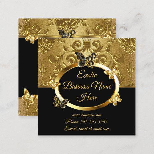 Elegant Gold Damask Floral Butterflies On Black Square Business Card