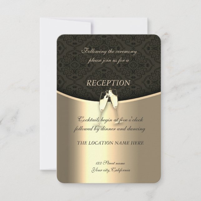 Elegant Gold,Damask,Glasses Wine Wedding Reception Invitation (Front)