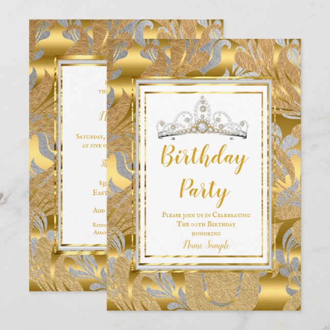 Elegant Gold Damask Gray Tiara Birthday Party Invitation (Front/Back)