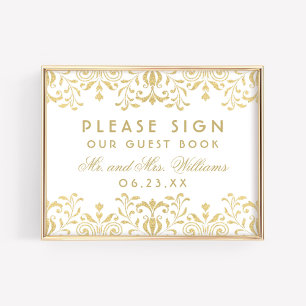 Elegant Gold Damask Guest Book Wedding Sign