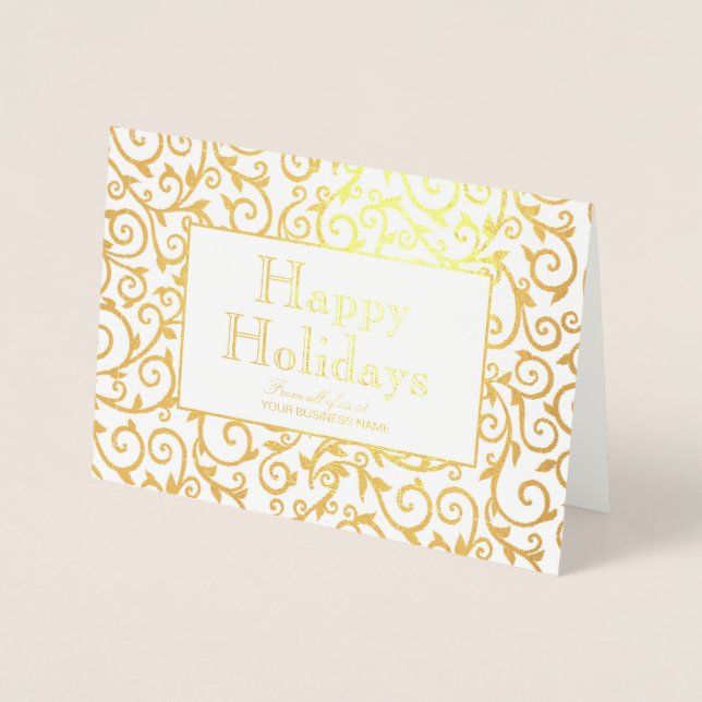 Elegant Gold Damask Holiday Corporate Business Foil Card (Front)