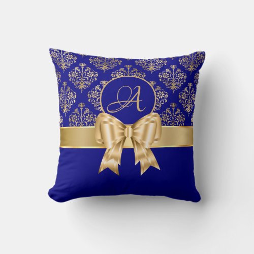 Elegant Gold Damask Monogram On Navy Blue Throw Pillow