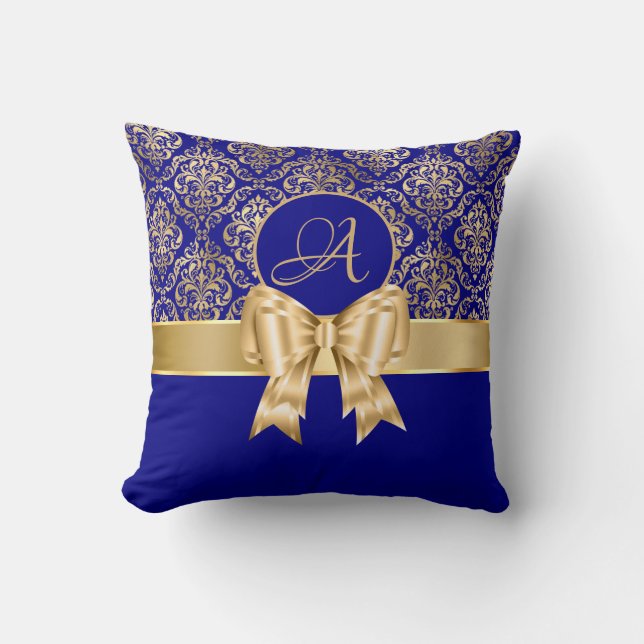 Elegant Gold Damask Monogram On Navy Blue Throw Pillow (Front)