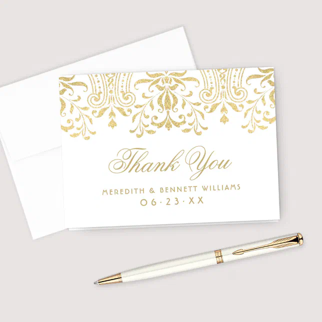 Elegant Gold Damask Monogram Wedding Thank You Card | Zazzle