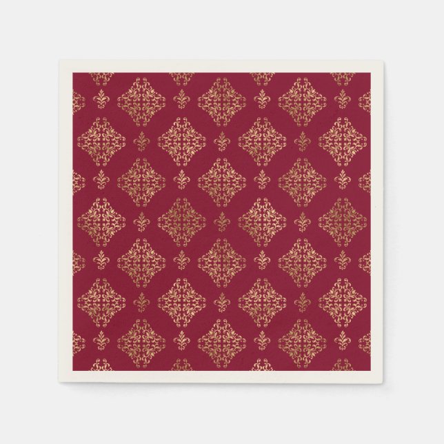 Elegant Gold Damask On Burgundy  Paper Napkins (Front)
