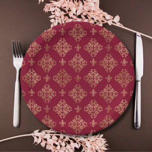 Elegant Gold Damask On Burgundy Paper Plates