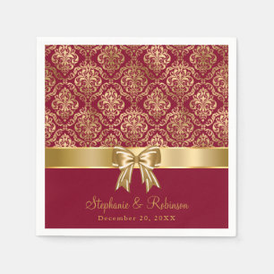 Elegant Gold Damask On Burgundy Wedding Napkins