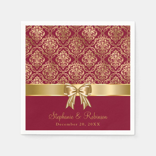 Elegant Gold Damask On Burgundy Wedding  Napkins (Front)