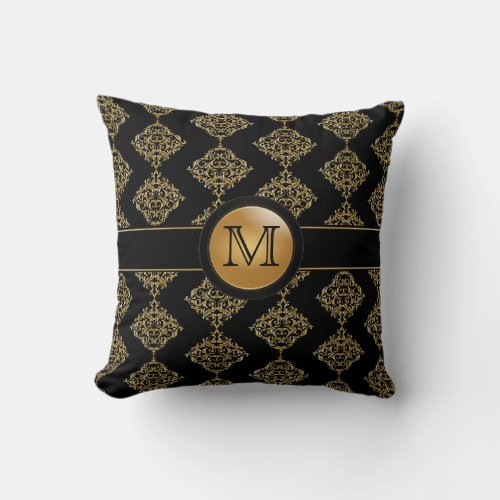 Elegant Gold Damask Pattern  Monogram Throw Pillow