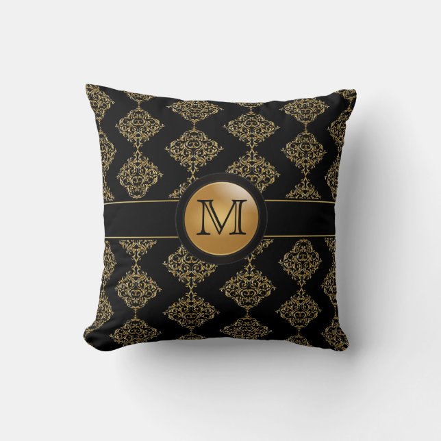 Elegant Gold Damask Pattern | Monogram Throw Pillow (Front)
