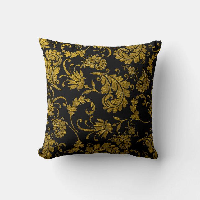 Elegant Gold Damask Pattern On Black Throw Pillow (Front)