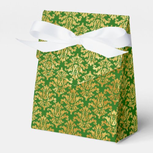 Elegant Gold Damask Pattern on Green Christmas Favor Boxes