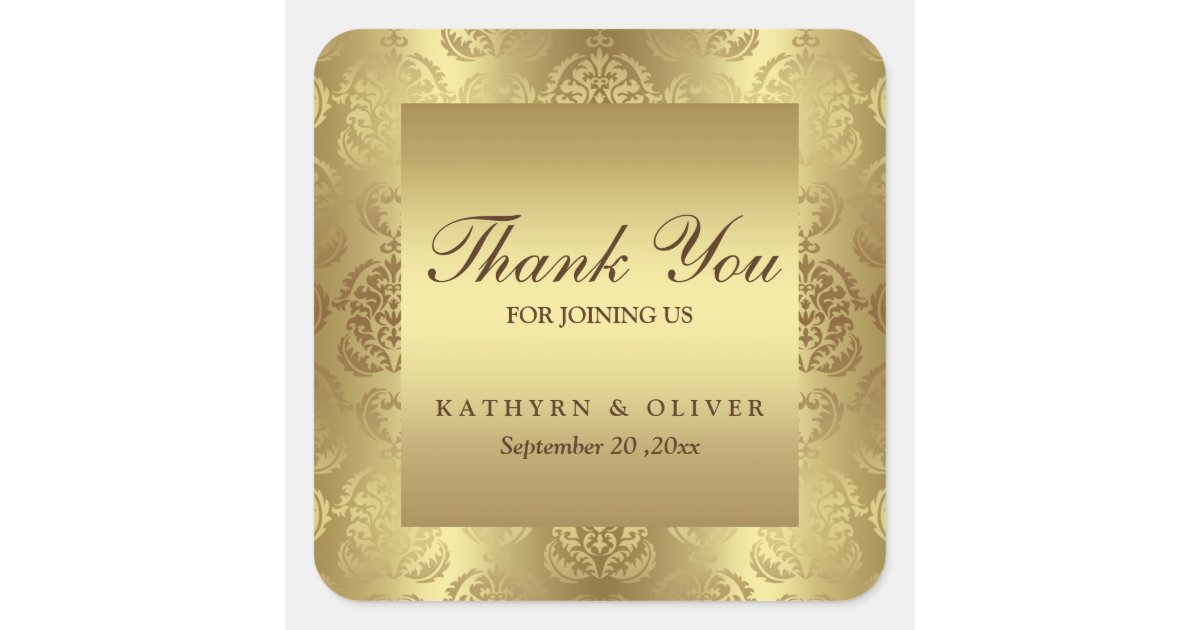 Elegant Gold Damask Pattern Thank You Wedding Square Sticker | Zazzle