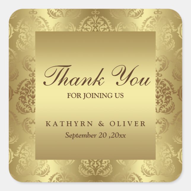 Elegant Gold Damask Pattern Thank You Wedding Square Sticker (Front)