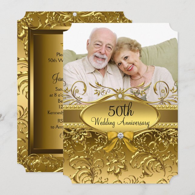 Elegant Gold Damask Photo 50th Anniversary Invitation (Front/Back)