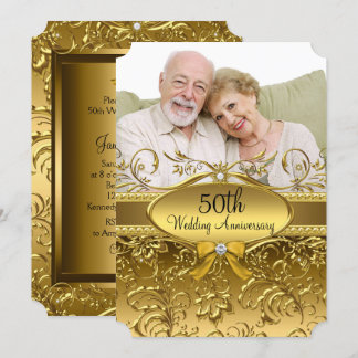 Elegant Gold Damask Photo 50th Anniversary Invitation