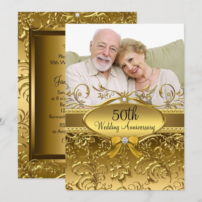 Elegant Gold Damask Photo 50th Anniversary Invitation (Front/Back)