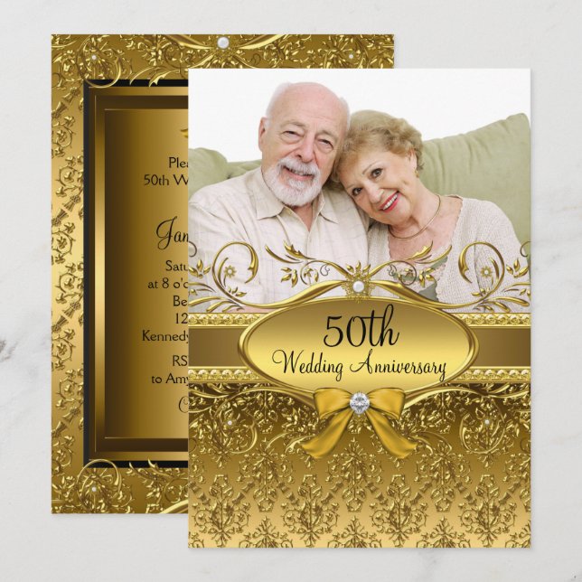 Elegant Gold Damask Photo 50th Anniversary Invite (Front/Back)