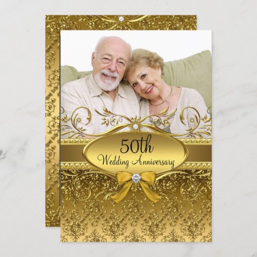 Elegant Gold Damask Photo 50th Anniversary Invite