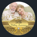Elegant Gold Damask Photo 50th Anniversary Sticker<br><div class="desc">Anniversary Sticker. Elegant gold damask & jewel bow. Customize with your own details & photo. Please note: All flat images!</div>
