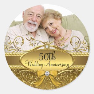 Elegant Gold Damask Photo 50th Anniversary Sticker