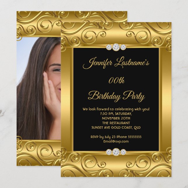 Elegant Gold Damask Photo Birthday Party Invitation (Front/Back)