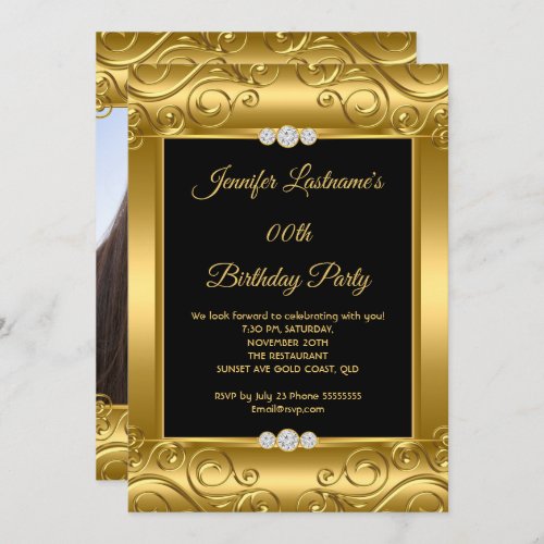 Elegant Gold Damask Photo Birthday Party Invitation
