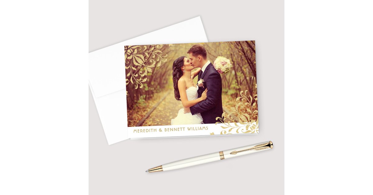 Elegant Gold Damask Photo Wedding Thank You Card | Zazzle