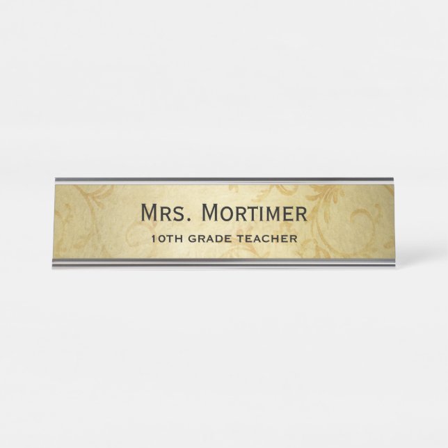 Elegant Gold Damask Professional Desk Name Plate (Front)