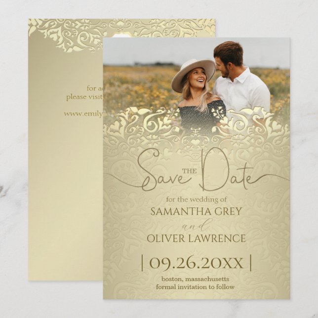 Elegant Gold Damask Save the Date Card (Front/Back)