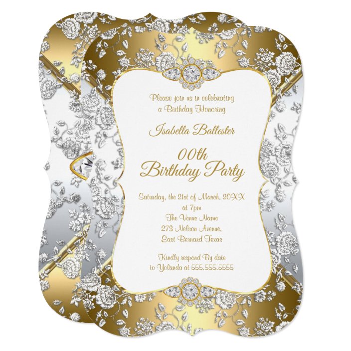 Elegant Gold Damask Silver Rose Birthday Party Invitation | Zazzle.com