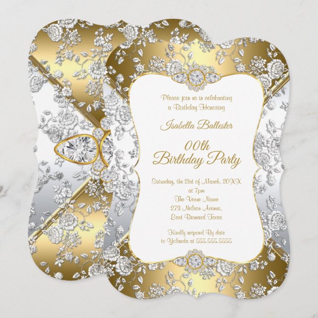 Elegant Gold Damask Silver Rose Birthday Party Invitation (Front/Back)