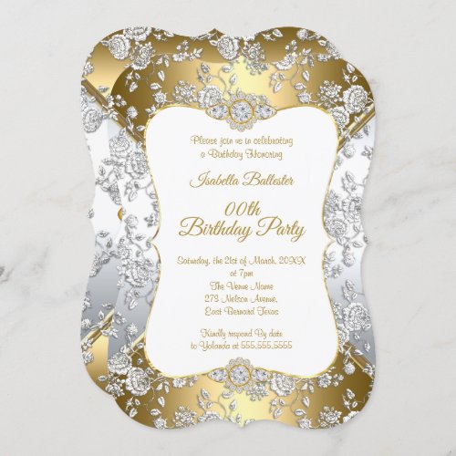 Elegant Gold Damask Silver Rose Birthday Party Invitation