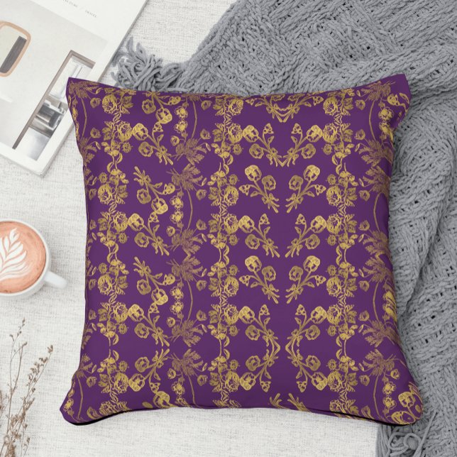 Elegant Gold Damask swirl Floral on purple Throw Pillow (Creator Uploaded)