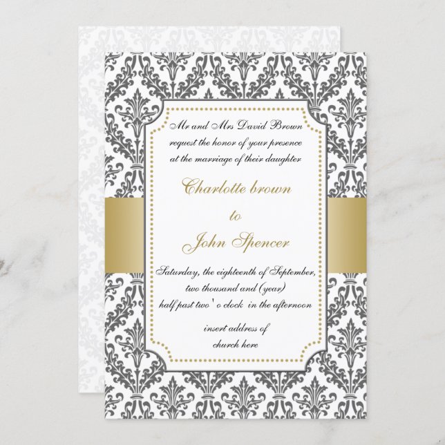 elegant gold ,damask wedding invitation (Front/Back)