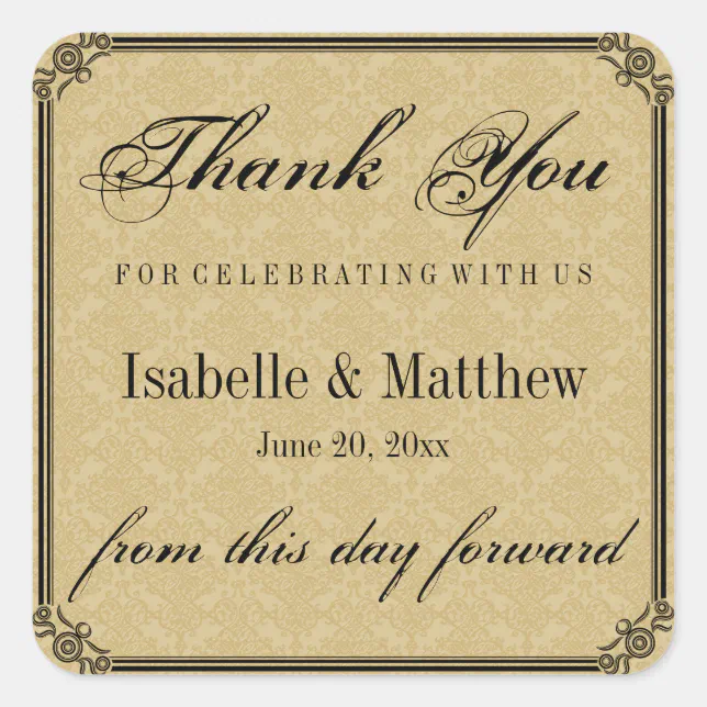 Elegant Gold Damask Wedding Thank You Stickers | Zazzle