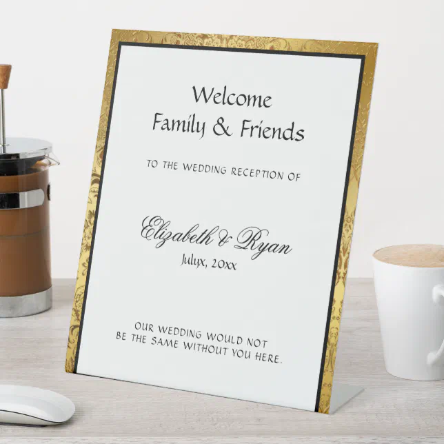 Elegant Gold Damask Wedding Welcome Pedestal Sign | Zazzle