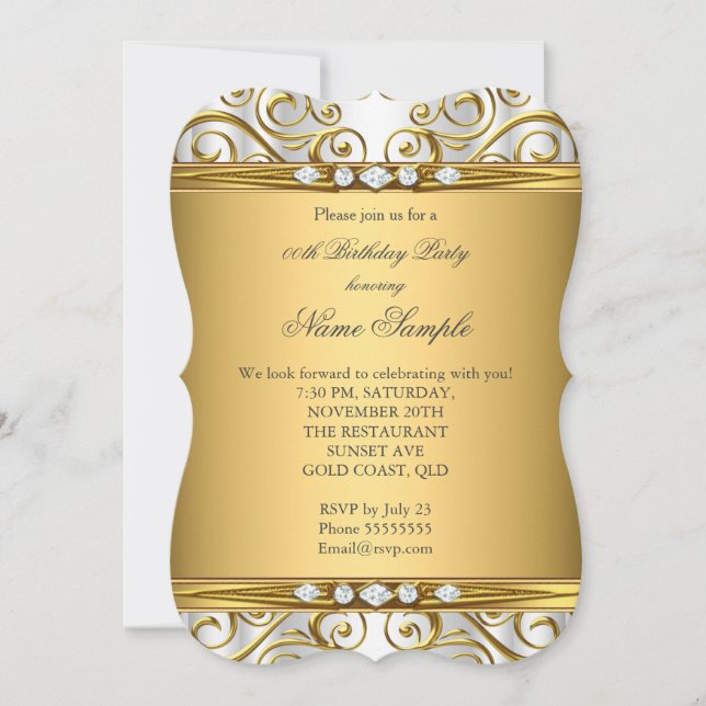Elegant Gold Damask White Diamond Birthday Party Invitation (Front)