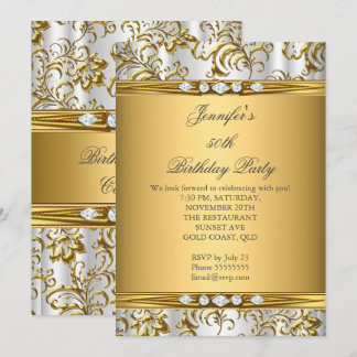 Elegant Gold Damask White Silver Diamond Birthday Invitation