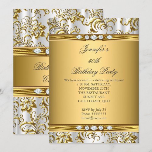 Elegant Gold Damask White Silver Diamond Birthday 5x7 Paper Invitation Card