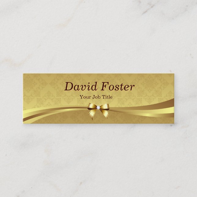Elegant Gold Damask with Shiny Diamond Ribbon Bow Mini Business Card (Front)
