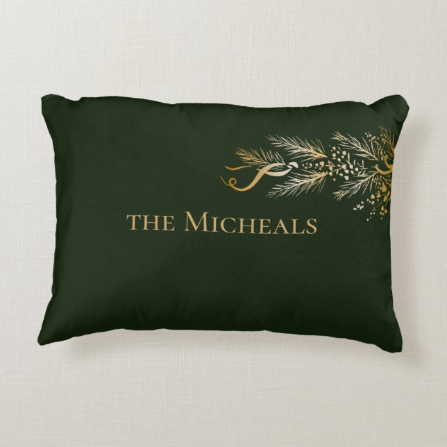 Elegant Gold Dark Green Joy Personalized Christmas Accent Pillow (Back)