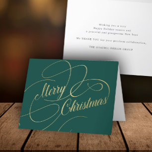 Elegant gold dark green script business corporate holiday card